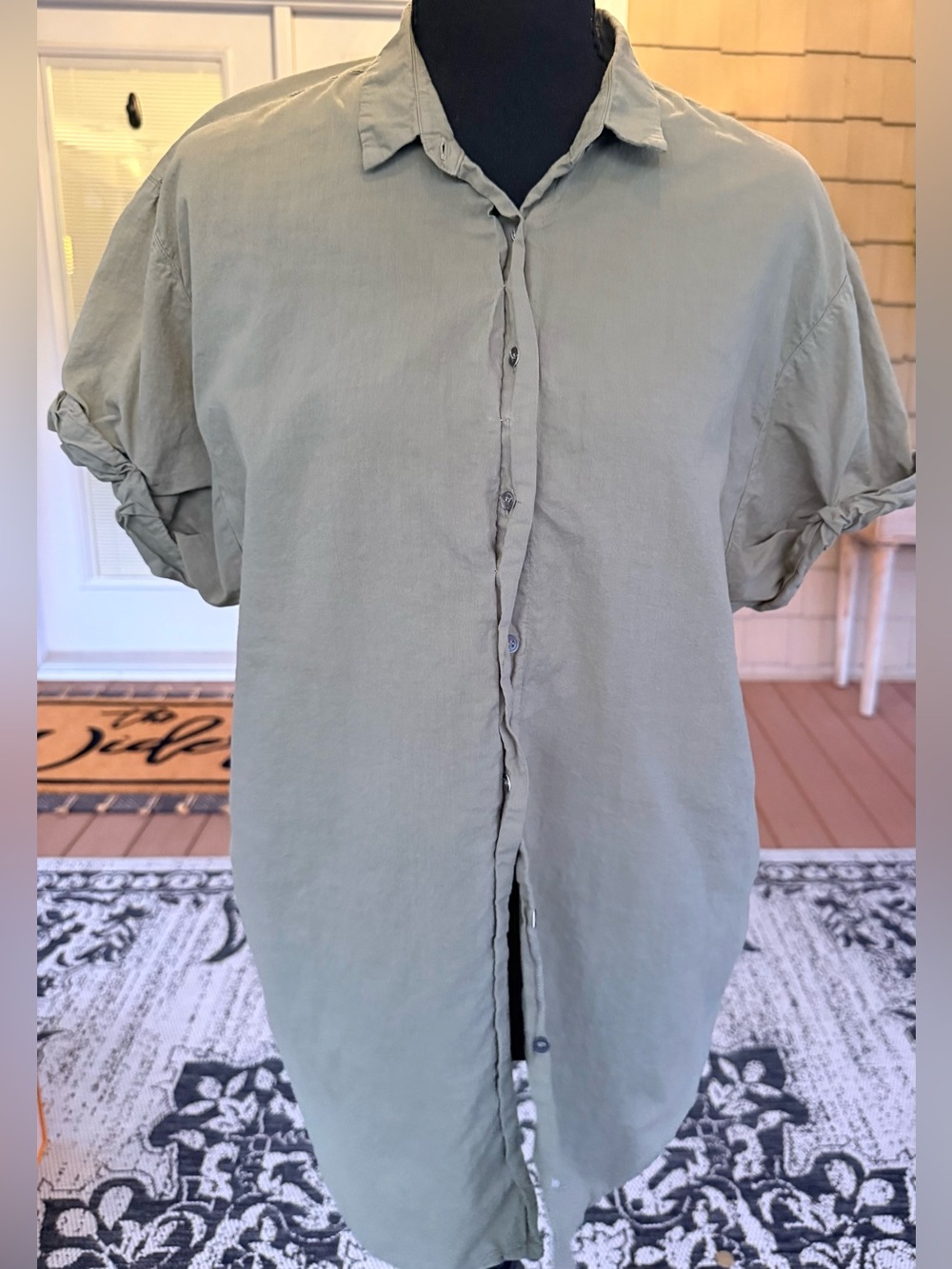 XíRENA XS Olive Green Cotton Button Front Short Sleeve Shirt Seagrass Shade